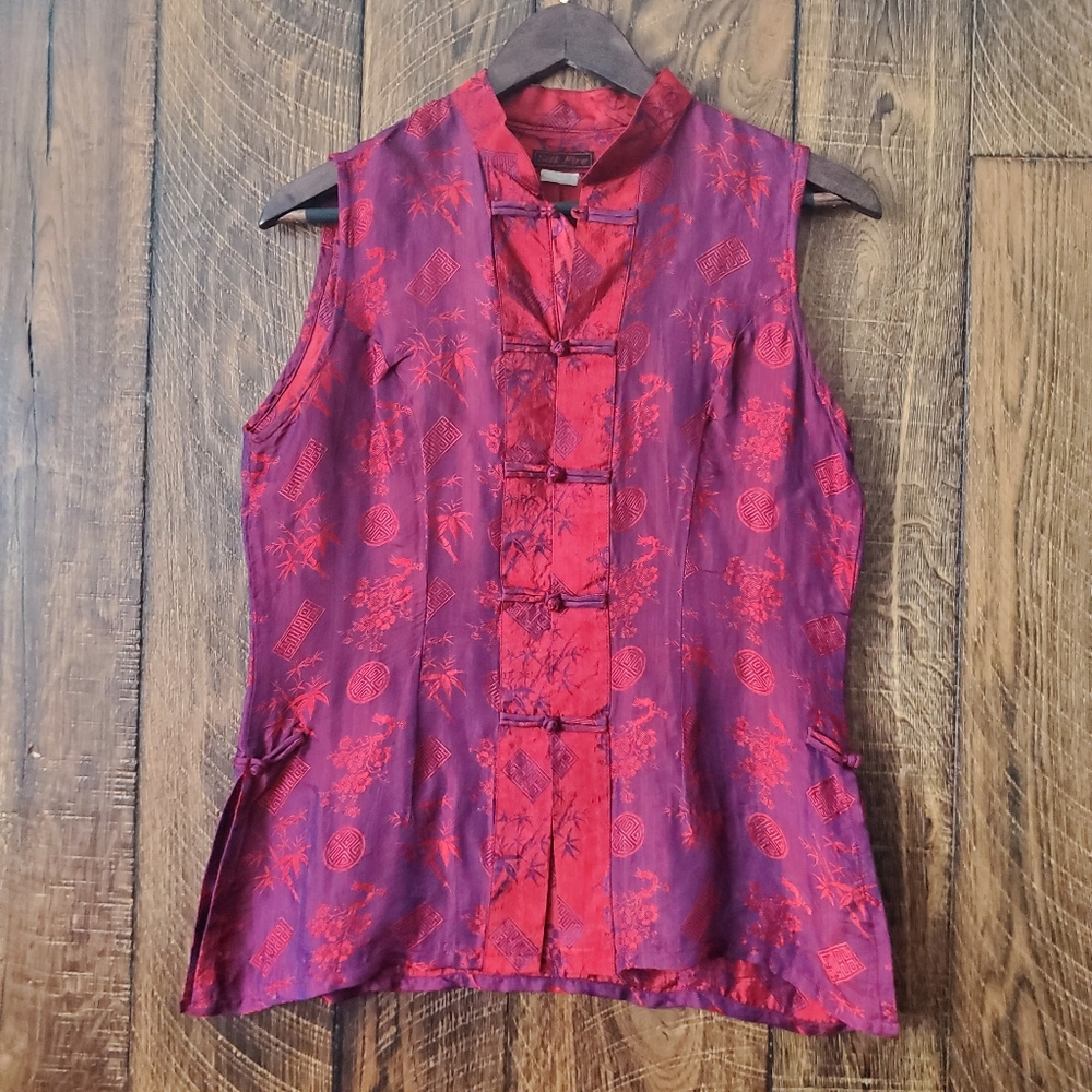 Vintage Silk Fire 100% Silk purple red pink blouse size medium